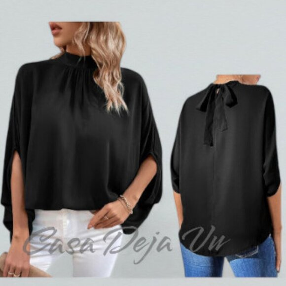 Satin Silky Mock Neck Batwing Dolman Sleeve Pleated Oversize Drapery Blouse - Picture 1 of 10